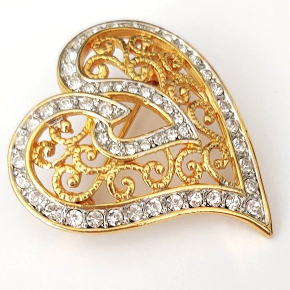 Gold filigree heart brooch with clear crystals - Picture 3 of 7
